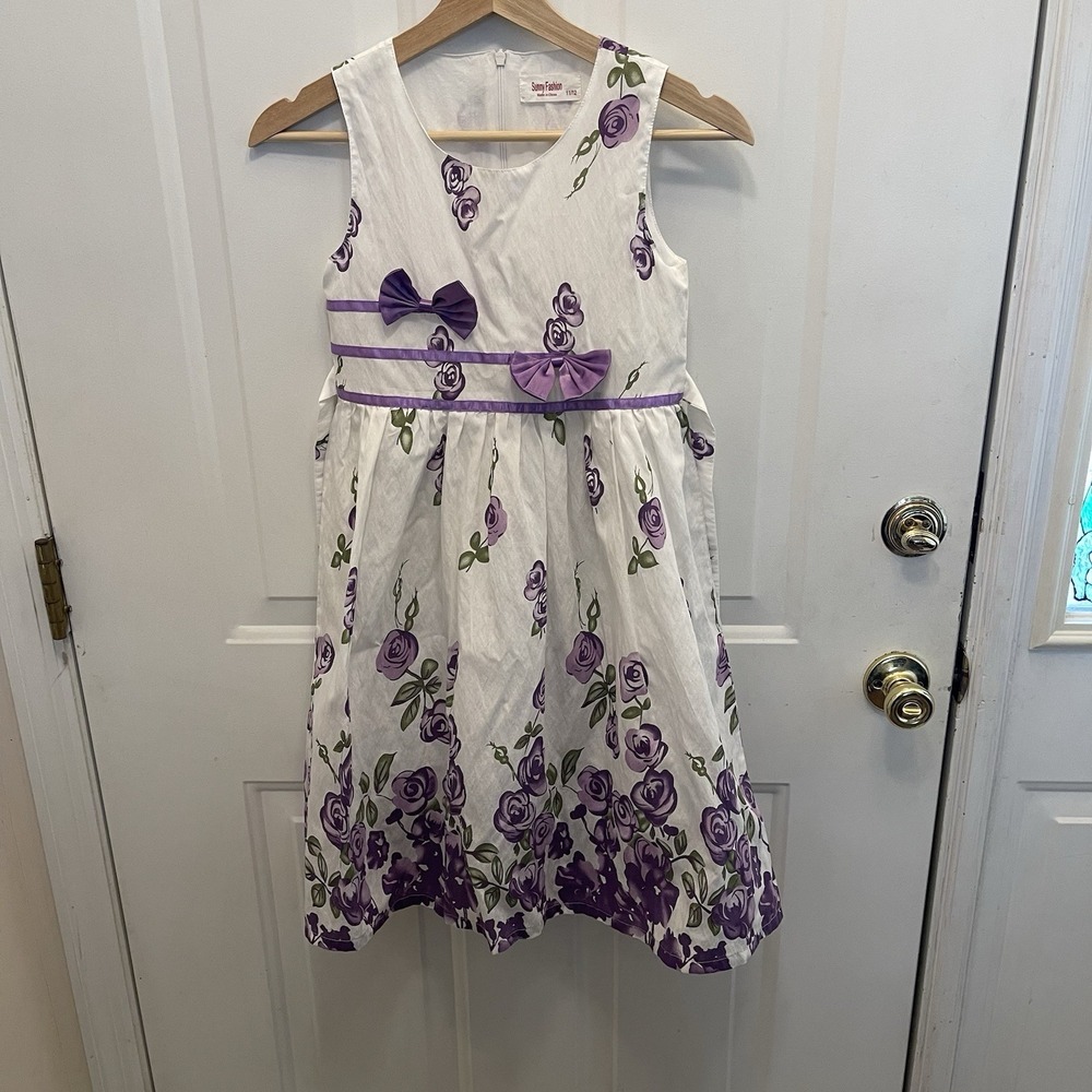 Sunny Fashion Cotton Floral White & Purple Dress Tie Back Girls Size 11/12
